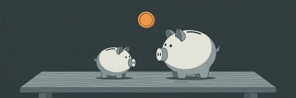 Illustration: Ein kleines und ein großes Sparschwein nebeneinander auf einem Tisch; eine Münze schwebt über dem Zwischenraum, als wäre noch offen, in welches sie fällt.