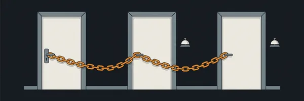 Illustration: Drei Türen nebeneinander, durch eine orangefarbene Kette an ihren Griffen miteinander verbunden; neben den beiden rechten hängt je eine Klingel.