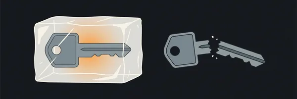 Illustration: Zwei gleiche Schlüssel nebeneinander: der linke steckt in einem klaren Eisblock, der rechte liegt in zwei Teilen.