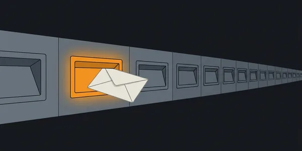 Illustration: Eine Wand mit einer langen Reihe gleicher Briefschlitze; in den vordersten, orange leuchtenden gleitet ein Umschlag.