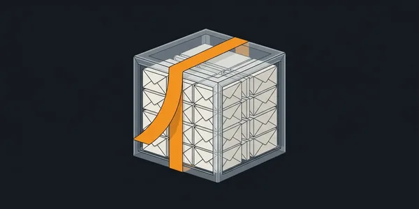 Illustration: Eine durchsichtige Kiste voller kleiner Umschläge, um die gerade ein orangefarbenes Band gelegt wird.