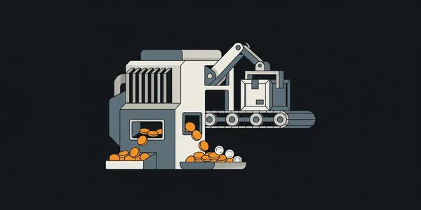 Illustration: Eine kastenförmige Rechenmaschine legt eine verschlossene Kiste an eine Kette; aus einer Öffnung fallen orange Münzen in eine Schale.