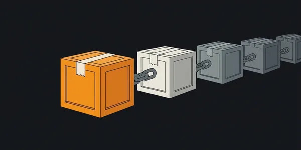Illustration: Verschlossene Kisten, durch schwere Kettenglieder hintereinander verbunden; die vorderste ist orange, die älteren grau.