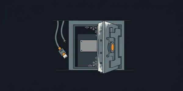 Illustration: Eine schwere, vereiste Tresortür steht einen Spalt offen, innen liegt eine Metallplatte; davor hängt ein abgetrenntes Kabel.