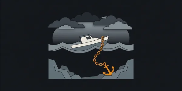Illustration: Ein kleines Boot liegt bei hohem Wellengang ruhig, gehalten von einer schweren orangefarbenen Ankerkette.