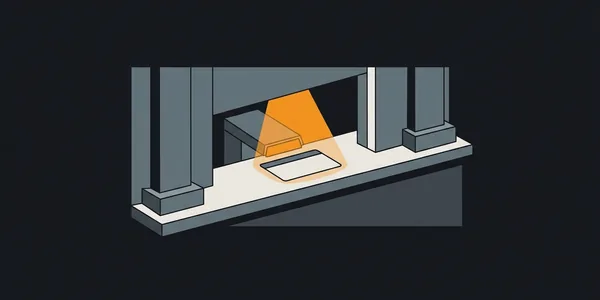 Illustration: Ein leerer Ausweis ohne Gesicht liegt unter einem Prüflicht am Schalter eines Gebäudes mit Säulen.