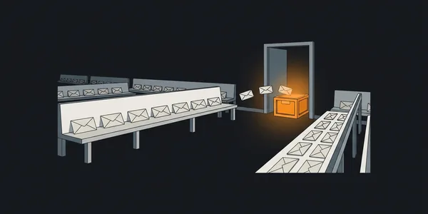 Illustration: Ein Wartesaal mit Bänken, auf denen Briefumschläge warten; am Ende führt eine Tür zu einer orange leuchtenden Kiste.
