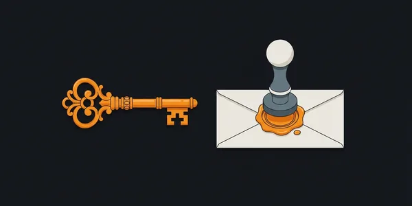 Illustration: Ein verzierter orangefarbener Schlüssel neben einem Siegelstempel, der gerade ein Wachssiegel auf einen Umschlag drückt.