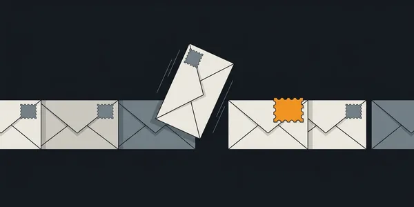 Illustration: Eine Schlange wartender Umschläge; einer mit kleiner Marke wird durch den gleichen mit großer orangefarbener Marke ersetzt.