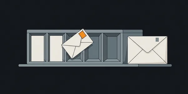 Illustration: Eine Kiste mit wenigen Fächern; ein kleiner Umschlag mit großer Marke rutscht hinein, ein dicker mit winziger Marke wartet davor.
