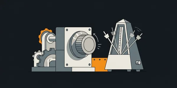 Illustration: Ein großer Stellknopf an einer Maschine wird ein Stück gedreht; daneben schlägt ein Metronom gleichmäßig.