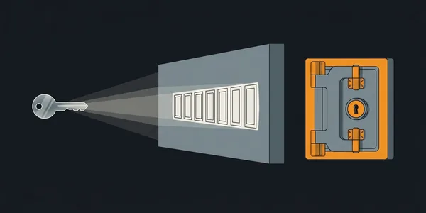Illustration: Ein gläserner Schlüssel wirft wie ein Projektor eine Reihe Briefschlitze an die Wand; rechts daneben bleibt eine Tresortür verschlossen.
