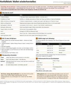 Vorschau des Notfallblatts: eine A4-Seite mit Warnkasten, der Tabelle „Was hast du noch?“ und den Abschnitten zu Wörtern, Adresstypen und Fehlversuchen.