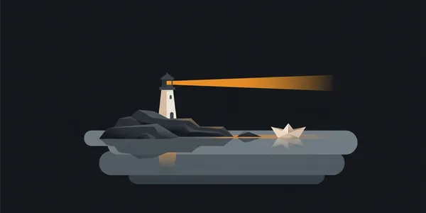 Illustration: Ein kleiner Leuchtturm wirft einen orangefarbenen Lichtstrahl über dunkles Wasser und leitet ein Papierboot an den Felsen vorbei.