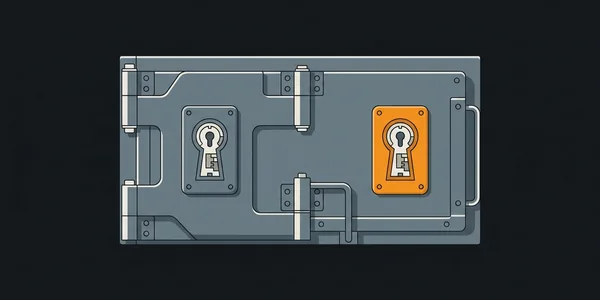 Illustration: Eine schwere Tresortür mit zwei getrennten Schlüssellöchern, eines davon orange.