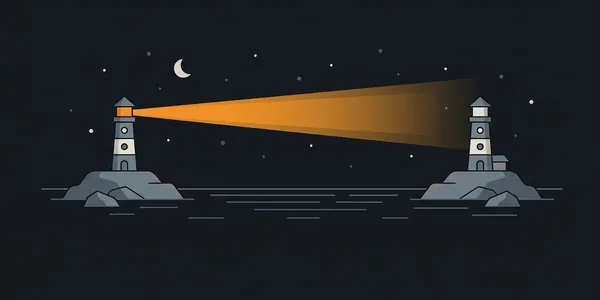 Illustration: Zwei Leuchttürme auf getrennten Inseln; nur ein oranger Lichtstrahl verbindet sie, keine Brücke und kein Kabel.