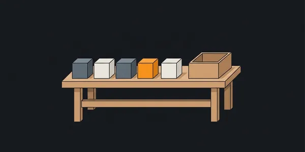 Illustration: Eine Werkbank mit ordentlich ausgelegten Bauklötzen, einer davon orange, daneben eine leere offene Schachtel.