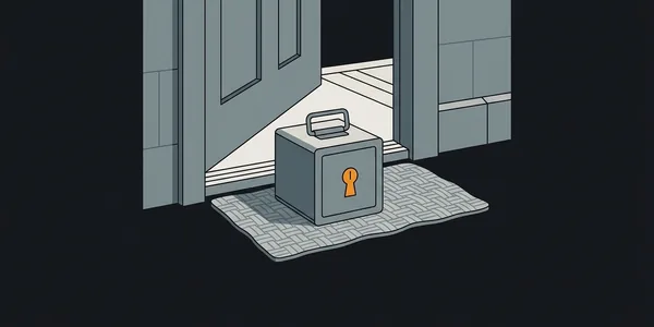 Illustration: Eine kleine schlichte Metallkassette mit orangem Schlüsselloch steht auf einer Fußmatte an der offenen Haustür.