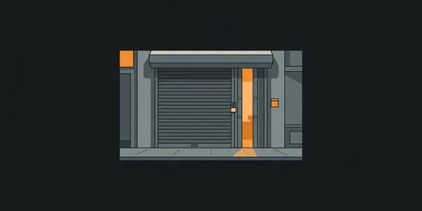 Illustration: Ein Laden mit heruntergelassenem Rollgitter; drinnen schimmert es orange, aber hinein kommt niemand.