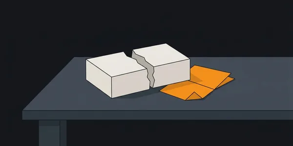 Illustration: Ein schlichtes Kästchen ist in zwei Hälften zerbrochen; daneben liegt unversehrt ein oranges gefaltetes Blatt.