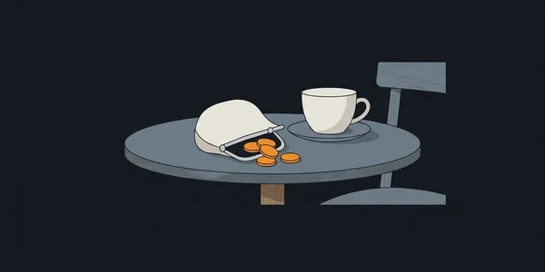 Illustration: Ein kleiner Stoffgeldbeutel mit ein paar Münzen auf einem Cafétisch neben einer Tasse.