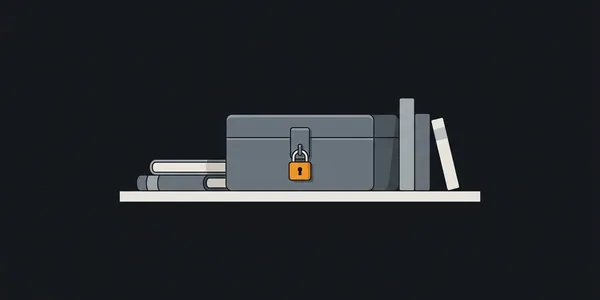 Illustration: Eine stabile Geldkassette mit orangem Schloss auf einem Regal zwischen Büchern.