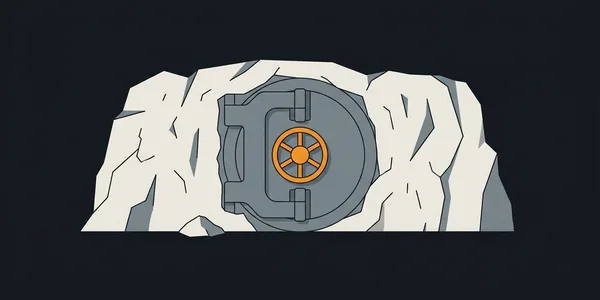 Illustration: Eine schwere Tresortür in einer Felswand, weit weg von allem und ohne jede Leitung; das Handrad ist orange.