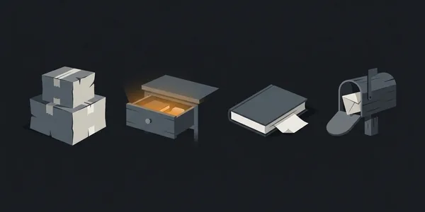 Illustration: Vier Suchorte nebeneinander auf einem Dachboden: Kartons, eine halb offene Schublade, ein Zettel im Buchdeckel und ein Briefkasten; nur aus der Schublade dringt ein orangefarbener Schimmer.