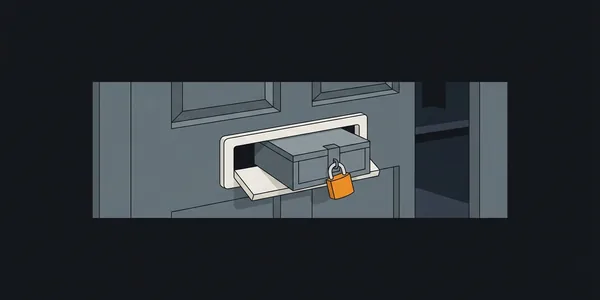 Illustration: Eine kleine Geldkassette mit orangefarbenem Schloss steckt halb im Briefschlitz einer Haustür, schon auf dem Weg nach draußen.