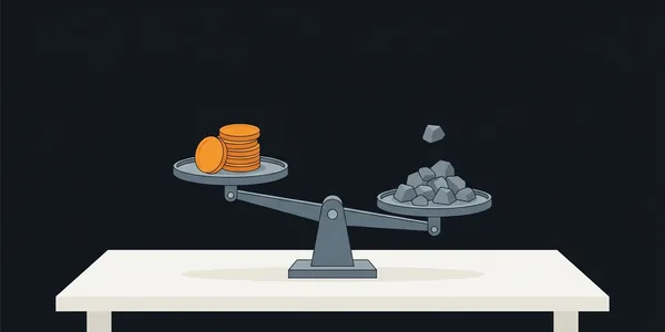 Illustration: Eine Balkenwaage: links ein kleiner Stapel orangefarbener Münzen, rechts graue Steine; ein weiterer Stein fällt auf die rechte Schale, damit sie wieder ins Gleichgewicht kommt.
