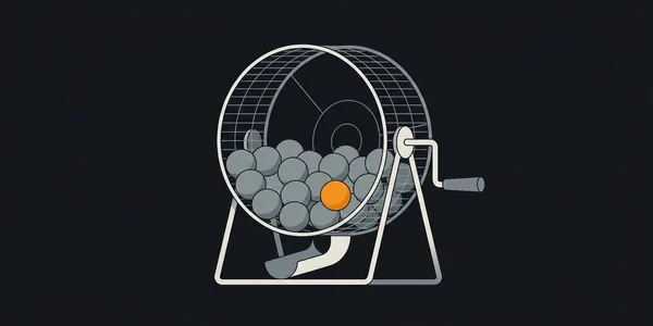 Illustration: Eine Lostrommel aus Draht voller grauer Kugeln und einer einzigen orangefarbenen; die Ausgaberinne darunter ist noch leer.