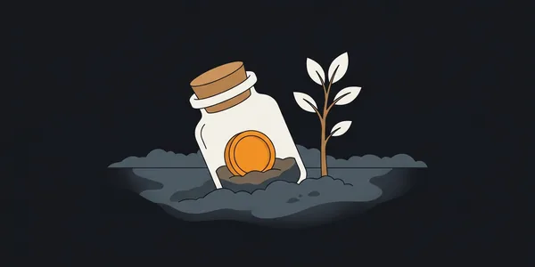 Illustration: Ein halb eingegrabenes, versiegeltes Glas mit einer Münze darin, daneben wächst aus derselben Erde ein junger Baum.