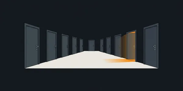 Illustration: Ein langer Flur mit vielen gleichen Türen; nur eine steht einen Spalt offen, und orangefarbenes Licht fällt heraus.