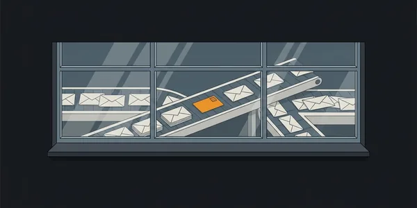 Illustration: Ein großes Fenster in einer dunklen Wand gibt den Blick auf eine Sortierhalle voller Umschläge frei; darunter, wo ein Schalter wäre, ist nur glatte Wand.