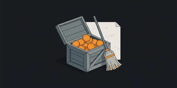 Illustration: Ein Strohbesen hat Münzen von einem leeren Blatt Papier in eine offene Holzkiste gefegt.