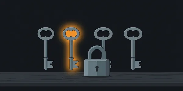 Illustration: Vier fast gleiche alte Schlüssel stehen in einer Reihe hinter einem Vorhängeschloss; nur einer leuchtet orange.