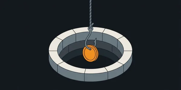 Illustration: Ein Seil hängt wie eine Rettungsleine in einen dunklen Brunnen, doch an seinem Ende sitzt ein Angelhaken mit einer orangefarbenen Münze als Köder.